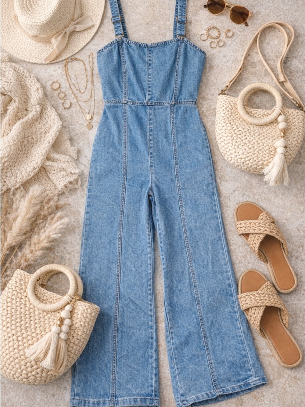 Denim Jumpsuit Size Small Wide Leg Adjustable Straps Boho Chic Summer